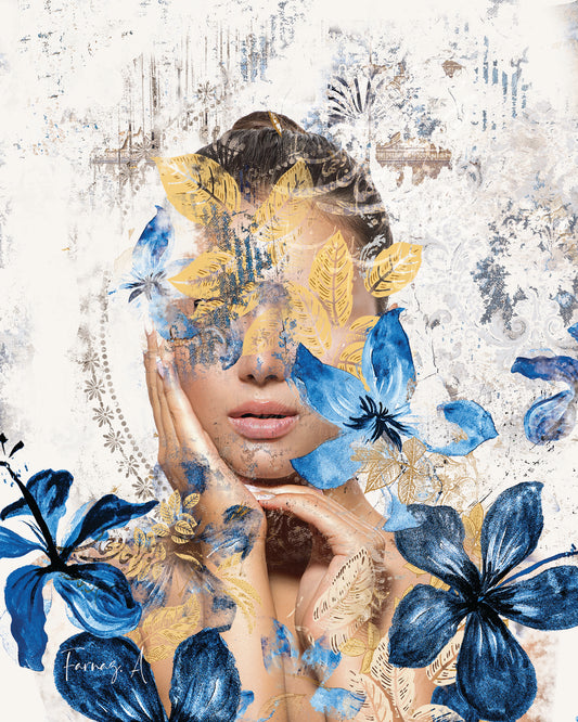 Blue Dream (Vertical) _ Mixed Media Digital Art Print | Hand-Finished with Acrylic & Gold Leaf