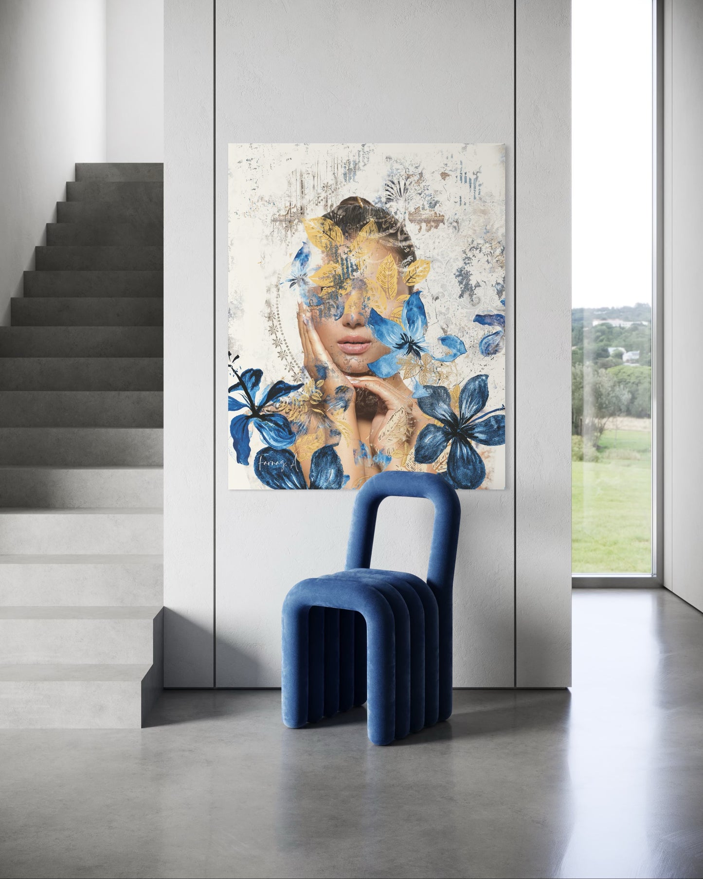 Blue Dream (Vertical) _ Mixed Media Digital Art Print | Hand-Finished with Acrylic & Gold Leaf